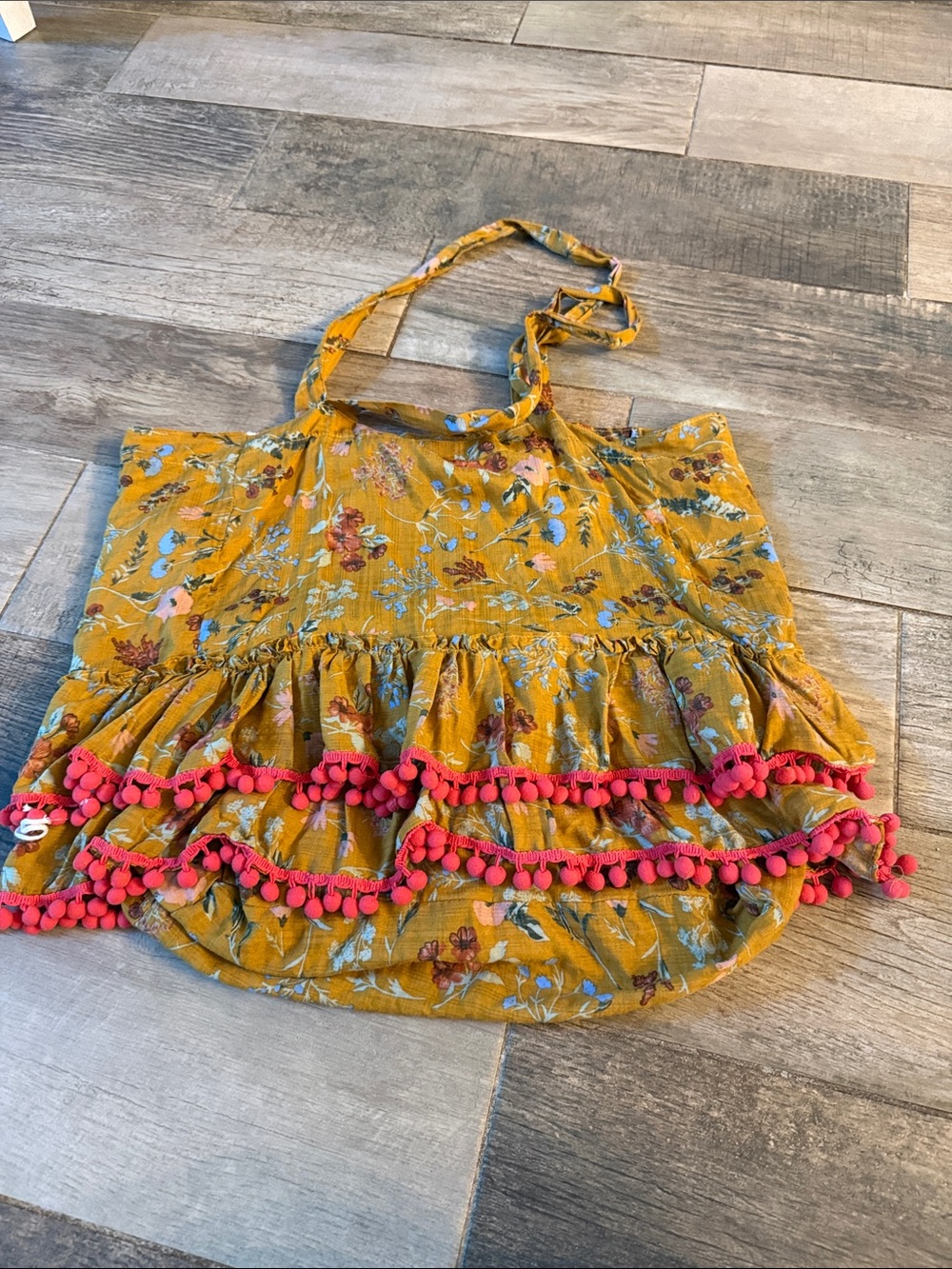 NATURAL LIFE Mustard Floral Tote with Pink Pom Pom Trim